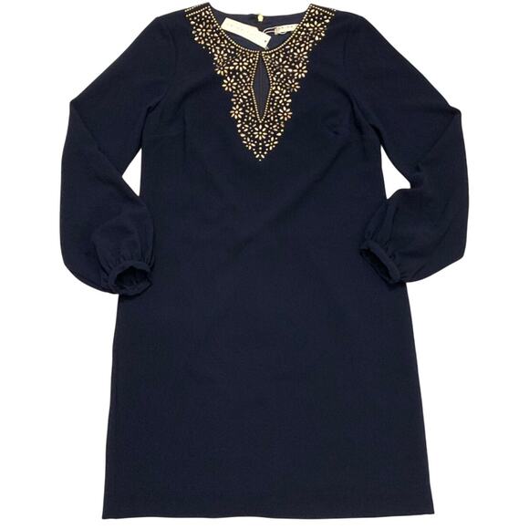 Trina Turk Shiraz Womens Shift Dress NWT Navy Blue Sz 6 Embellished Long Sleeve - Picture 2 of 16